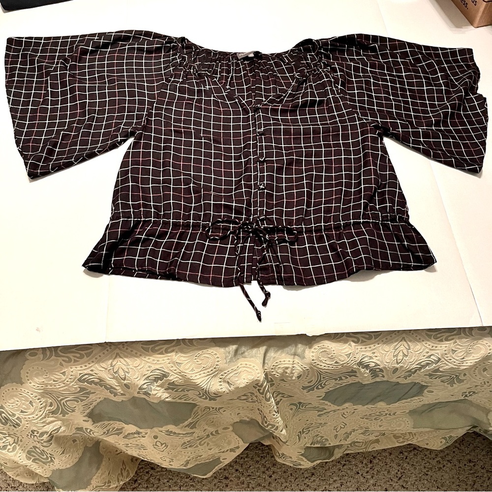 Michael Stars Womens Size Medium‎ Black White Pink Plaid Window Pane Blouse Top